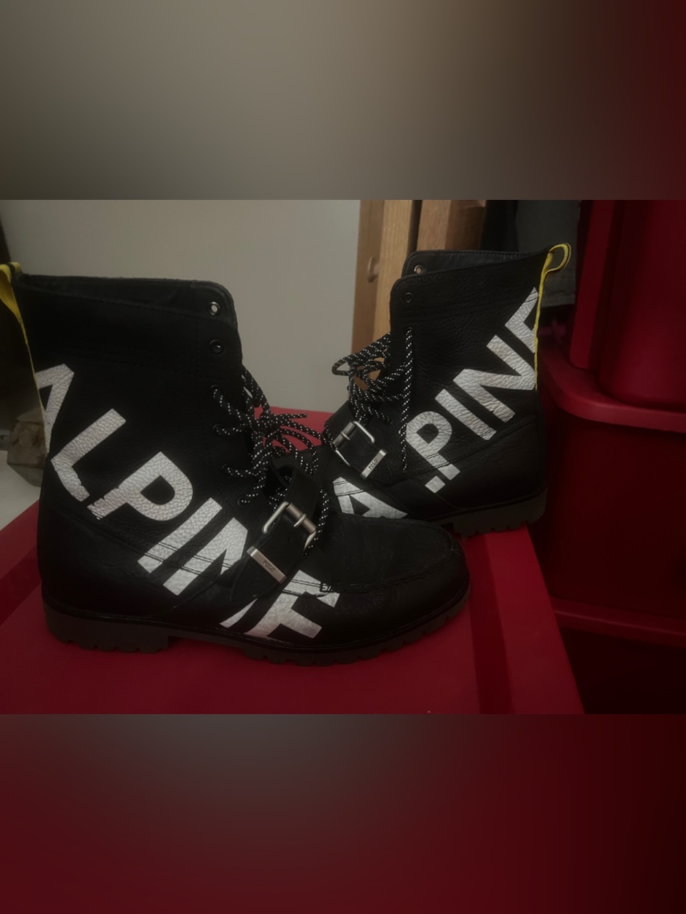 Alpine Black and White Logo Lace-Up Boots with Yellow Pull Tab